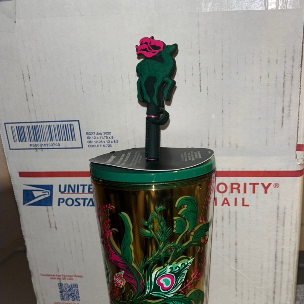 Starbucks Holiday Tumbler Cup Reindeer With Topper 24 Oz Gold Straw 2024 No Box